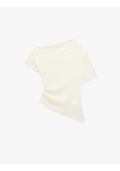 Koton Krep Kumaş Slim Fit Açık Omuz Asimetrik Yaka Kısa Kollu Bluz Sarı 6sak70027ek