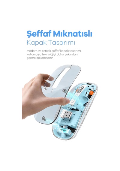 Bay Bluetooth Usb Çift Modlu Sessiz Mouse, Şeffaf Mıknatıslı Kapaklı, Type-c Şarjlı, Dpı Ayarlı, Kablosuz 10m