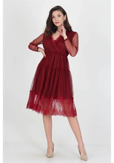 Dip Moda Kadın Kruvaze Yaka Eteği Güpürlü Elbise Dpnb0010 Bordo