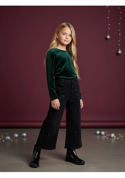 Zekids Kız Çocuk Yumuşak Dokulu Taş İşlemeli Geniş Paçalı Kot Pantolon-16478 Siyah