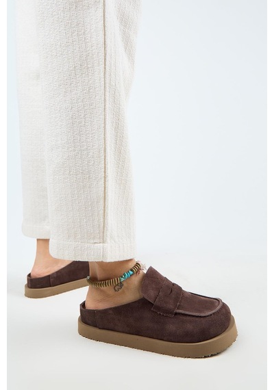 Manijero Ziva Kadın Hakiki Deri Loafer Platform Açık Kahve Terlik Kahverengi