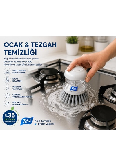 Titiz Deterjan Hazneli Bulaşık Fırçası, Basmalı Sıvı Deterjan Hazneli Mutfak Temizlik Fırçası, Ergonomik Tasarım Hijyenik Ve Uzun Ömürlü, Tencere, Tava, Tabak, Çok Amaçlı Temizlik Fırçası