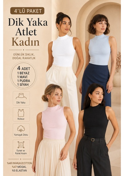 Loule Kadın 4'lü Dik Yaka Atlet Pudra-mavi-siyah-beyaz Modal Pamuk Çok Renkli