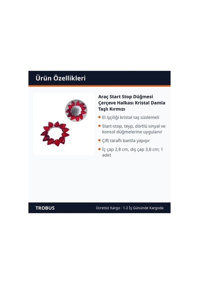 Trobus Araç Start Stop Düğmesi Çerçeve Halkası Kristal Damla Taşlı Kırmızı