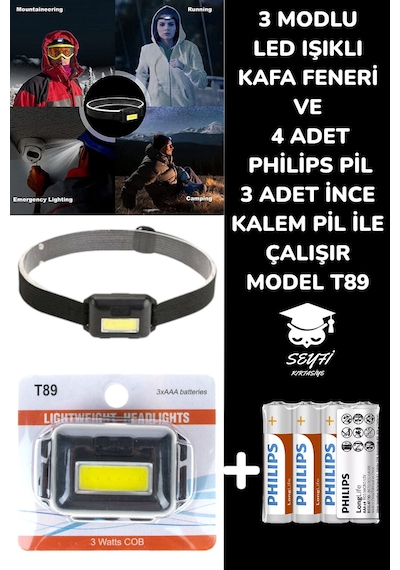 3 Modlu Led Işıklı Kafa Feneri Ve 4 Adet Philips Pil 3 Adet İnce Kalem Pil İle Çalışır Model T89 Çok Renkli