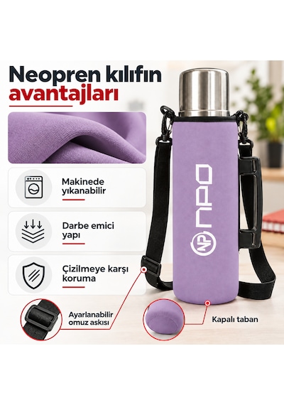 Npo Nt01 2 Katman Vakum Teknolojili 24h Sıcak 48h Soğuk 72h Buzlu Koruma Çelik Termos Lila Kılıflı