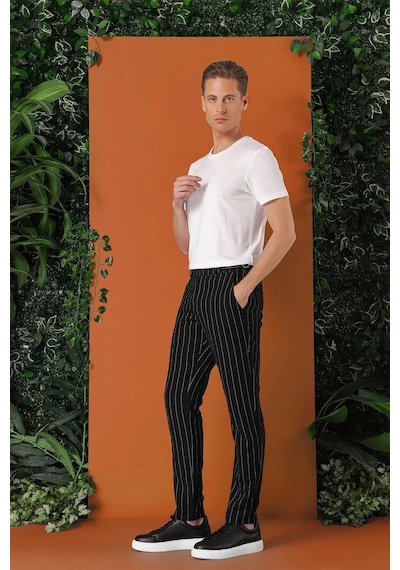 Efor Comfort Fit Yandan Tokalı Çizgili Keten Casual Siyah Pantolon P 1151 Siyah