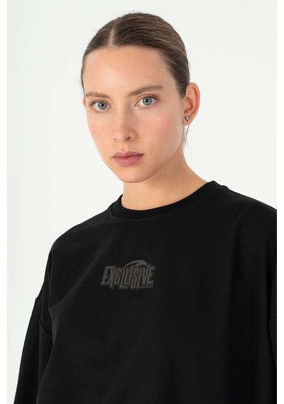 Maraton Oversize Kadın Bisiklet Yaka Siyah- Sweatshirt Siyah-