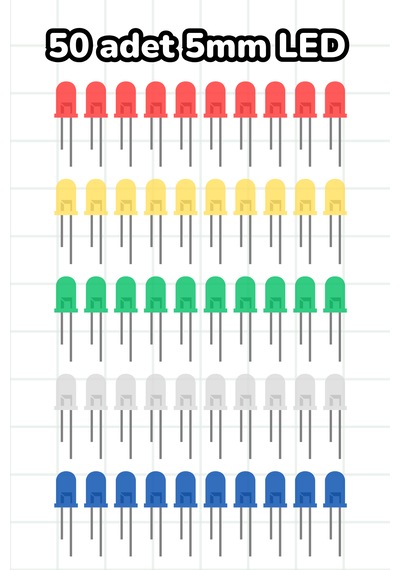 50 Adet 5mm Led Seti - 5 Renk Kırmızı, Sarı, Yeşil, Beyaz, Mavi