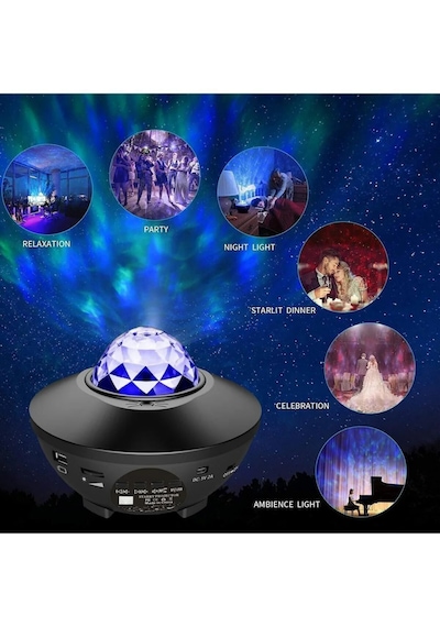 Yıldızlı Projektör Tavan Bulutsu Galaxy Lazer Işıklı Disko Topu Bluetooth Hoparlör Parti Led Lambası Siyah