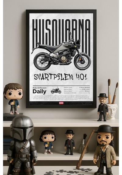 Husqvarna Svartpilen 401 Siyah Ahşap Çerçeveli Poster, Dekoratif Motosiklet Duvar Tablosu