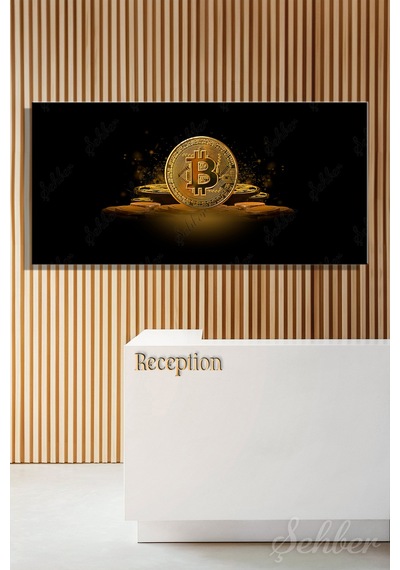 Koyu Fonda Altın Renkli Bitcoin Temalı Dekoratif Bir Yatay Kanvas Tablo 4038 Çok Renkli