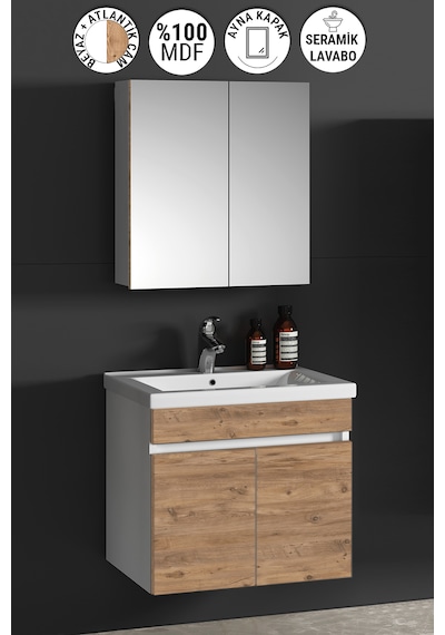 Çiğdem 55 Cm Beyaz-atlantik Mdf Lavabolu Asma Banyo Dolabı Takımı Beyaz - Atlantik Çam