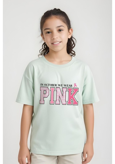 Panios Kids We Wear Pink Baskılı Kız Çocuk Kısa Kollu T-shirt Mint Yeşili