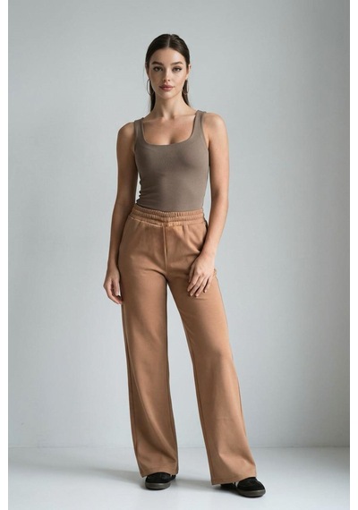 Dokuma Camel Geniş Paça Beli Lastikli Basic Uzun Kadın Pantolon Sh191 S