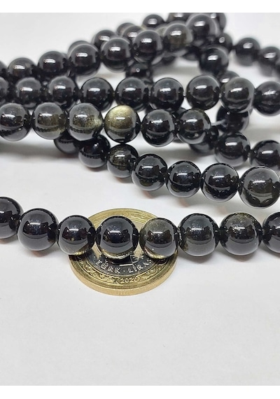 Yasamtohumu Golden & Siyah Obsidyen Taşı Dizi 10 MM Kolye Çok Renkli
