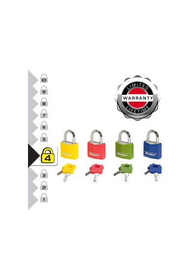 Master Lock Anahtarlı Asma Kilit Masif Alüminyum Vinil Kaplamalı, Mavi, Sarı, Kırmızı, 5,2 Cm X 3 Cm X 1,6 Cm