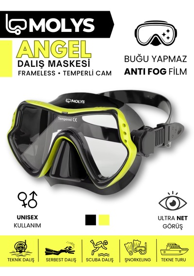 Molys Angel Dalış Maskesi + Antı Fog Buğu Önleyici Film + Pro Full Dry Tam Kuru Şnorkel + Maske Koruma Kutusu Set Halinde Siyah - Sarı