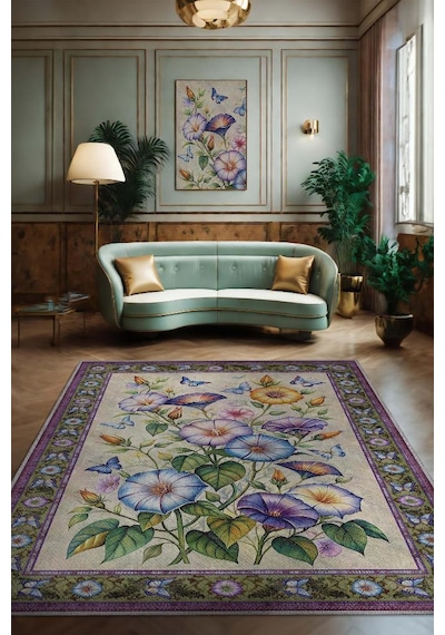 Homshtag Art Deco Gündüz Sefası Vintage Halı Görünümlü Dijital Baskı Renkli Halı Rustik Çiçekli Halı Çok Renkli