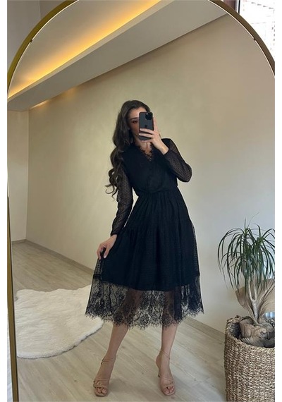 Neşeli Butik Kadın Kruvaze Yaka Dantelli Tül Elbise Nm010 Siyah