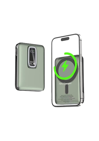 Magnetic Power Bank 10000 Mah Kablosuz Hızlı Şarj Magsafe Uyumlu Led Ekranlı, 22.5w Pd Qc Taşınabilir Şarj Cihazı, Standlı, Type-c Usb Powerbank Güç Kaynağı Yeşil