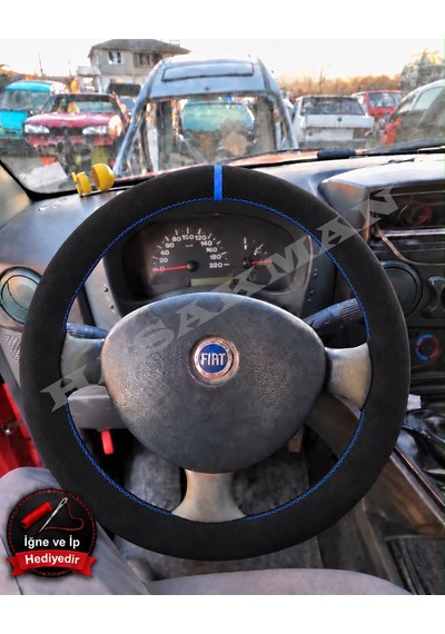 Fiat Siena Dikme Direksiyon Kılıfı Full Alcantara Süet Mavi Yüzük Ve Mavi Dikiş 2002-2006 Siyah
