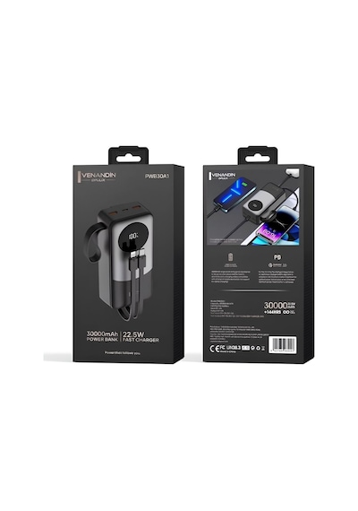 Venandin Pwb30a1 30.000 Mah Led Göstergeli 22.5w Hızlı Kendinden Kablolu Powerbank Siyah