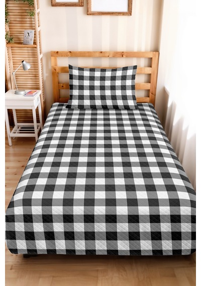 Siyah Ekose Geometrik Genç Odası Tek Kişilik Pike Takımı - Modern 160x220 Cm Kapitone Yatak Örtüsü Şeffaf