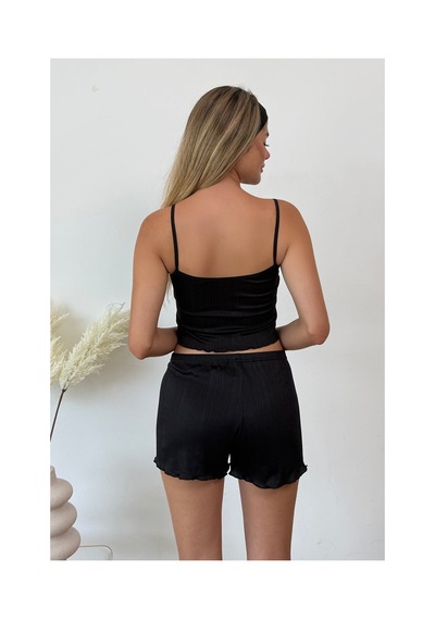 Giysa Kadın Askılı Kaplı Şortlu Pijama Takımı Siyah - 3403 Siyah Düz