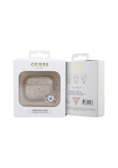 Apple Uyumlu AirPods 3.nesil Kılıf Guess Lisanslı Pu Deri Mavi Beyaz Çizgili Metal Logolu Gold