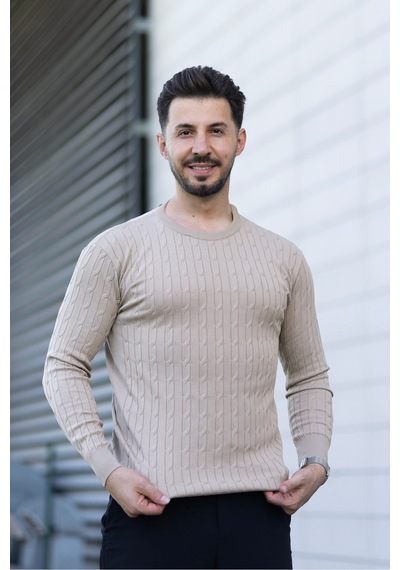 Hk Premium Triko Kazak Fitilli Slim Fit Bisiklet Yaka Likralı Kışlık Sweatshirt Bej