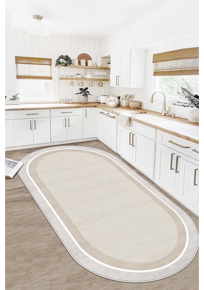 West Home Makinede Yıkanabilir Kaymaz Taban Leke Tutmaz Bej Oval Mutfak Halısı Salon Halısı Ve Yolluk