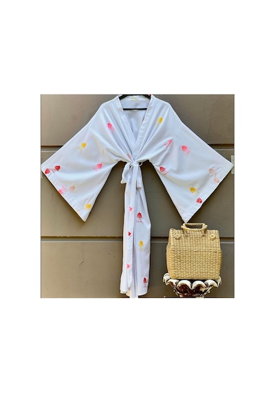 Lila Mare Pamuk Nakışlı Kimono Renkli Renkli