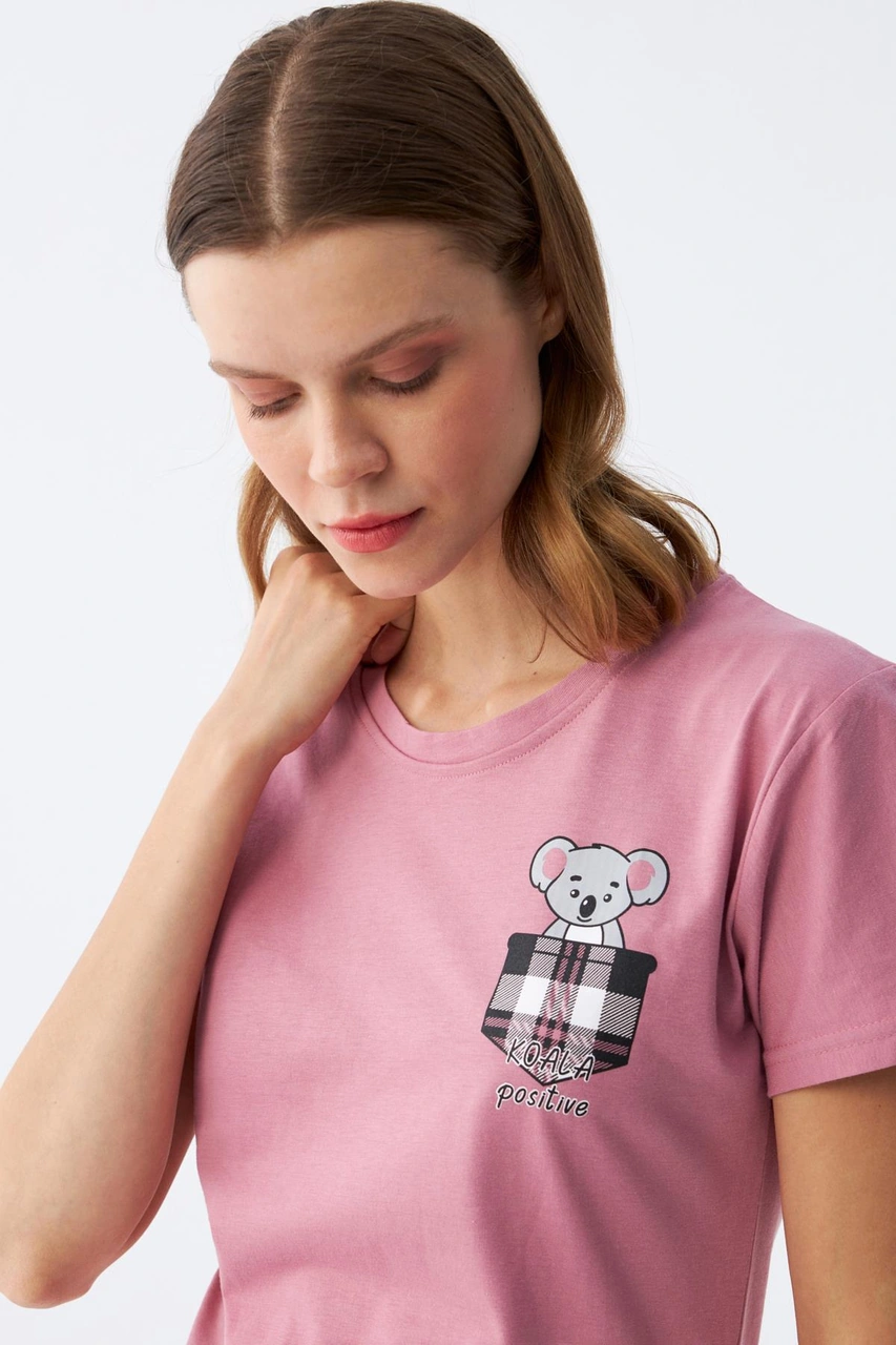 Akbeniz Kadın Somon Ayıcık Baskılı Ekoseli Penye Pijama Takımı SOMON