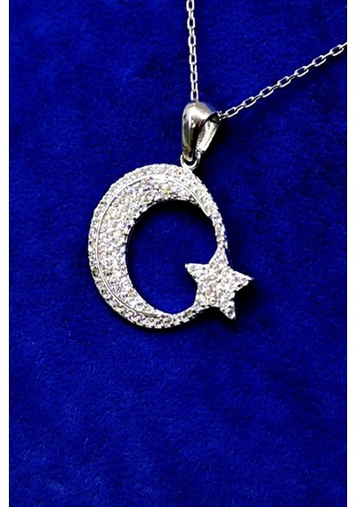 Omar Silver Kadın Ayyıldız Model Zirkon Taşlı Gümüş Kolye (513866663)
