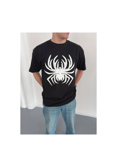 Erkek Örümcek Baskılı Tişört Kısa Kollu Bisiklet Yaka T-shirt - Siyah