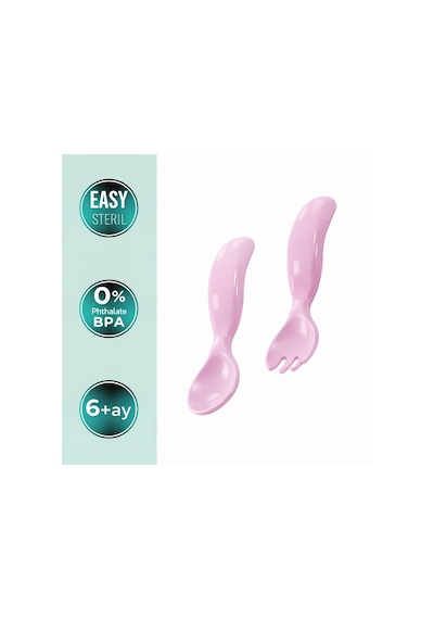 Mamajoo Ergonomik Beslenme Kaşık & Çatal Seti Pembe, 6 Ay+ İkili