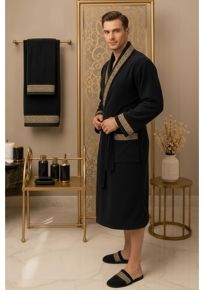 Premium %100 Pamuk Unisex Şalyaka Cepli Bornoz Seti 4 Parça Havlu Terlik Takımı Siyah Siyah