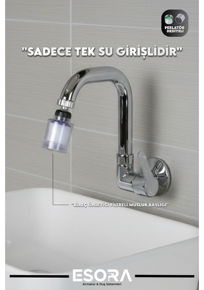 Kireç Önleyici Pamuk Başlıklı Duvardan Tek Su Mutfak - Banyo Ve Lavabo Bataryası Krom