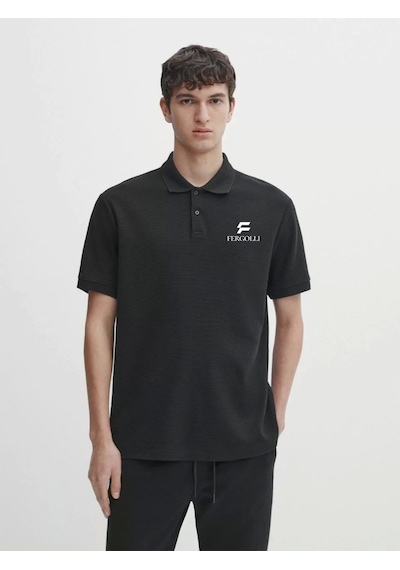 Yakası Düğmeli Yakalı Pike Baskılı T-shirt - Beyaz