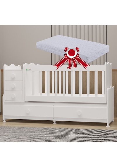 Garaj Home Melina Mdf Çıtalı Beşik + Yatak - Beyaz Beyaz