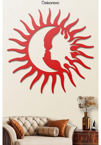 Ay Ve Güneş Metal Duvar Tablosu - Kırmızı - 75 X 75 Cm