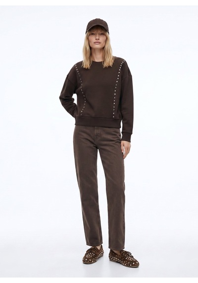 Fabrika Kahverengi Kadın Bisiklet Yaka Oversize Taşlı Sweatshirt F5wl-swt0038 Kahve