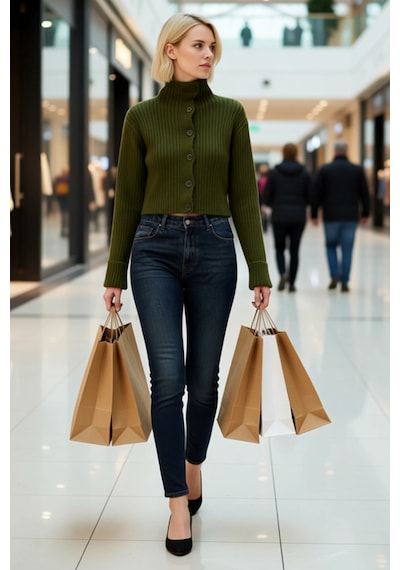 Benerly Kadın Dik Yaka Fitilli Dokuma Crop Oversize Triko Hırka Düşük Kol Haki