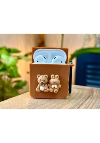 Airpods 1. Nesil Ve 2. Nesil İle Uyumlu Ayıcık Tasarımlı Kalın Silikon Kılıf - Brown