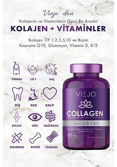 Kolajen Ve Vitaminler Tip 1,2,3,5,10 Ve Biotin, Koenzim Q10, Glutatyon, Vitamin D, B12 60 Tablet