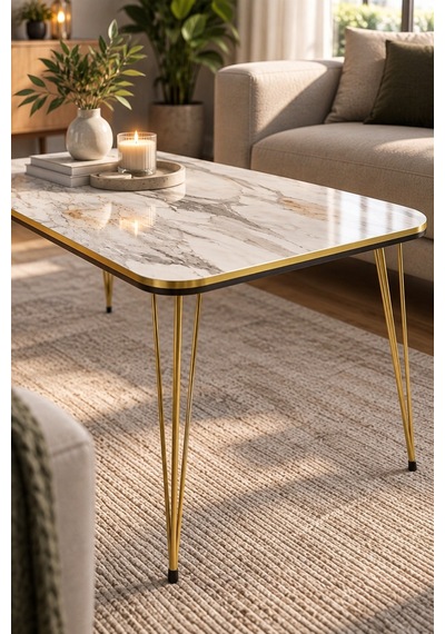 Sulorahome Gold Metal Ayaklı Orta Sehpa Altın - Mermer