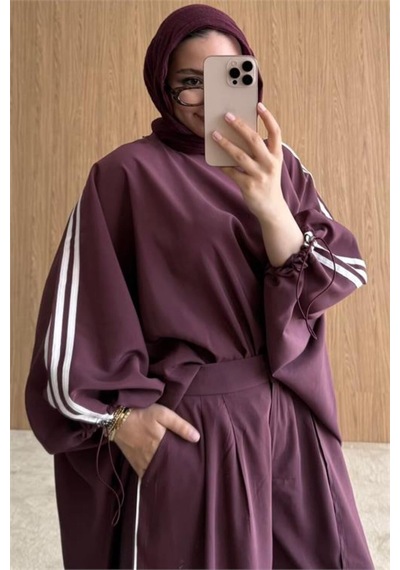 Neşeli Butik Kadın Bordo Şerit Detaylı Oversize Tunik Pantolon İkili Tesettür Takım Nms102