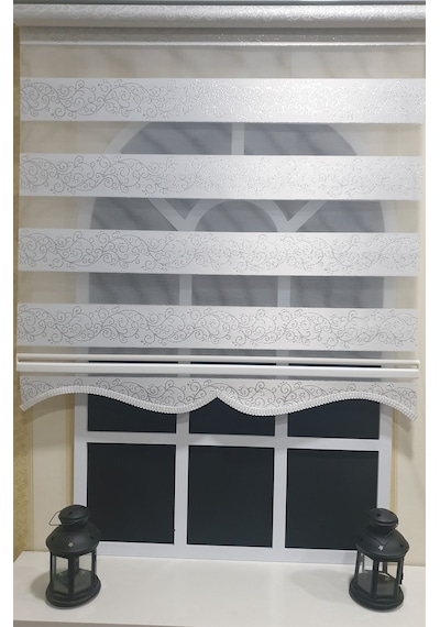 Zebra Stor Perde Sarmaşık Desen Gümüş Simli Etek Dilimli Stb9300 V 01