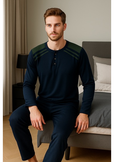 Mutlu City Erkek İnterlok Rahat Kalıp Sıfır Yaka Pamuk Pijama Takımı 6772 Lacivert-haki Mutlu City Erkek İnterlok Rahat Kalıp Sıfır Yaka Pamuk Pijama Takımı 6772 Lacivert-haki